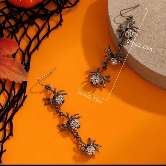 New TRIPLE SPIDER rhinestone ball dangle halloween earrings - Picture 3 of 5
